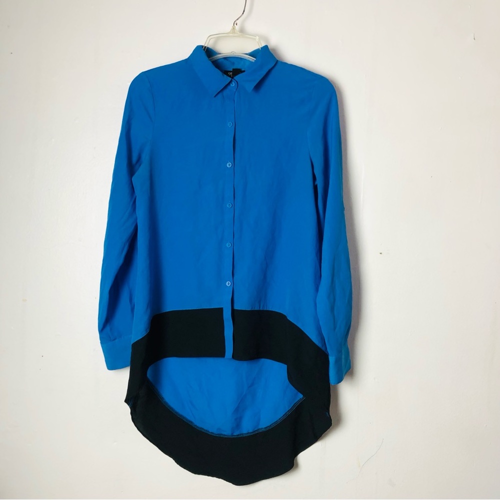 Nicole by Nicole Miller Colorblock High Low Blue 3/4 Sleeve  Button Down Shirt